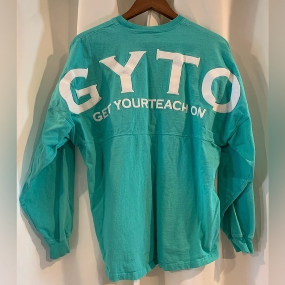 Get Your Teach On‎ Spirit Jersey Adult Small Aqua Puffy Letters LS Teacher Gift
